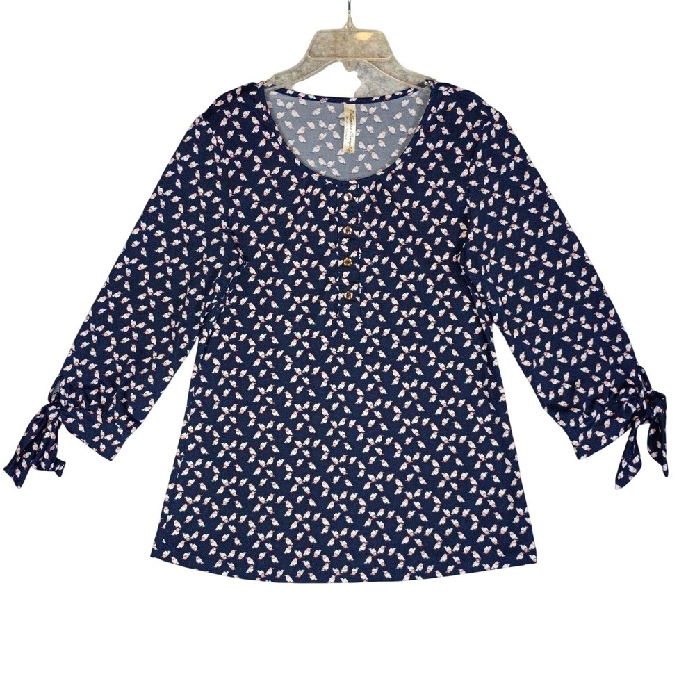 PerSeption Concept Women's Small Bird Print 3/4 Sleeve Tie Cuff Blouse Casual
